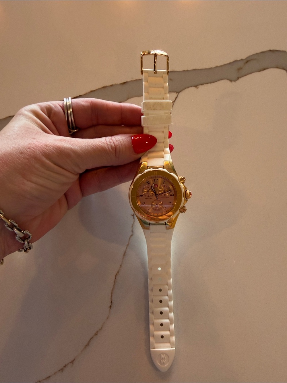White Silicone Strap Watch with Gold Accents